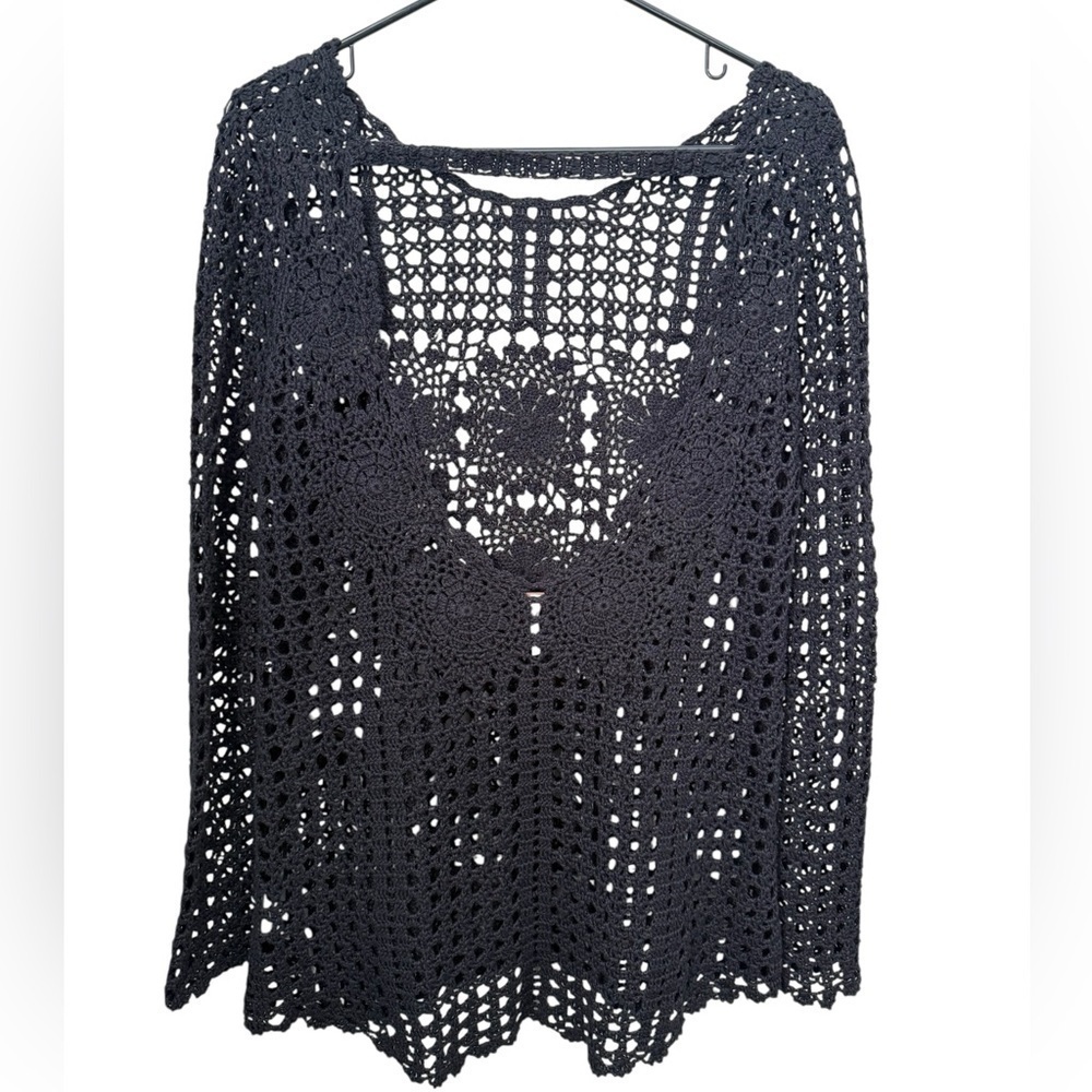 FREE PEOPLE Black Cotton Open Back Crochet Sweater XS - Picture 4 of 16